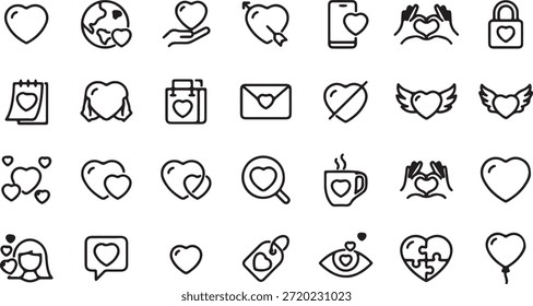 Uma ampla variedade de ícones de linha minimalistas que expressam amor, romance e vários aspectos das relações humanas.