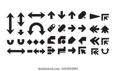 A comprehensive arrow vector icon set designed for web design, featuring various styles like cursors, clicks, and directional arrows. 