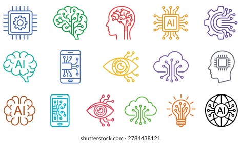 Comprehensive artificial intelligence line icon set featuring machine learning and digital vision