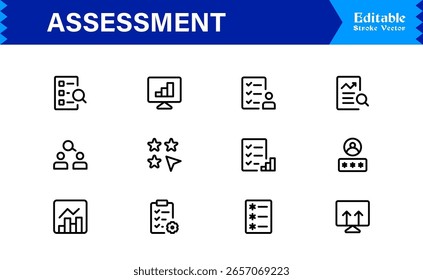 Comprehensive Assessment Icon Pack. Streamline Your Projects with High-Quality Evaluation, Audit, and Feedback Graphics.