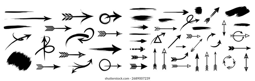 A comprehensive assortment of black arrow symbols, including various styles like hand-drawn, brush strokes, and simple outlines, perfect for web design.