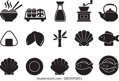 Comprehensive assortment of black silhouette icons representing Asian food and kitchen essentials. Includes onigiri, ramen bowl, sushi, soy sauce bottle, coffee grinder, teapot, bamboo, seashell, fish, and plates. Perfect for food blogs and restaurant menus.
