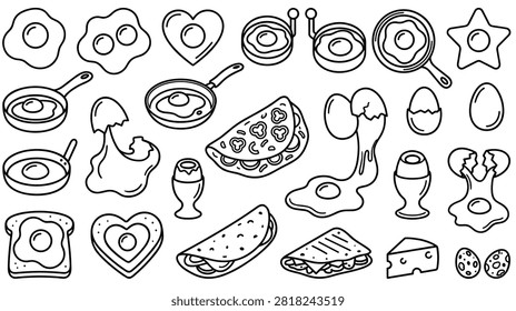 Comprehensive assortment of fried eggs omelets and pans. Detailed line drawings illustrating food preparation snacks and dairy products for menu.