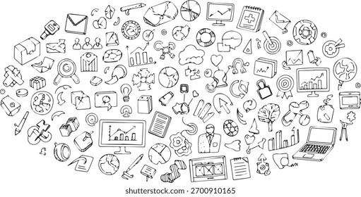 Una amplia variedad de iconos de doodle dibujados a mano que representan varios aspectos de los negocios, las finanzas, la tecnología y la comunicación, dispuestos en forma ovalada.