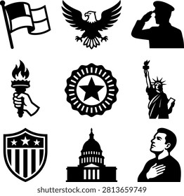 Comprehensive assortment of patriotic design assets featuring waving flags eagle silhouettes soldier saluting lady liberty statue capitol building structure star seal and hand over heart gesture.
