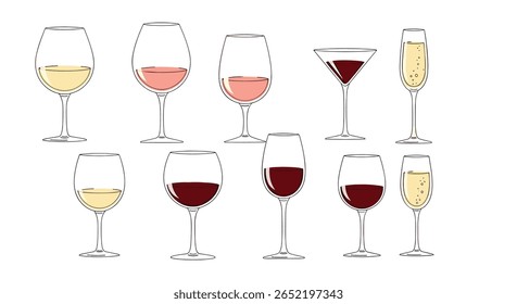 A comprehensive assortment of various wine glasses filled with different types of wine beverages for connoisseurs and enthusiasts alike