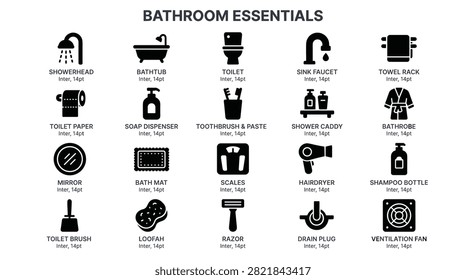 Comprehensive bathroom equipment and accessory collection featuring sanitary ware grooming tools and textiles for home interior design architecture planning and web user interface elements presented as clear vector symbols with descriptive labels and font specifications.