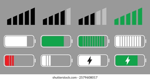 Comprehensive Battery Level Icons for Mobile Devices, Network icon for UI and UX design