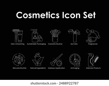 Comprehensive Beauty Icons: Skincare Routine, Natural Ingredients, Makeup Application, Anti-Aging, Haircare Products, Men's Grooming, Sustainable Packaging, Cosmetic Brushes, Lip Care, Fragrances.