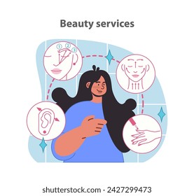 Comprehensive beauty service collection. Facial threading manicure, and piercing. Flat vector illustration.