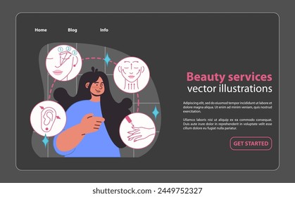 Comprehensive beauty service collection. Facial threading manicure and piercing. Flat vector illustration.