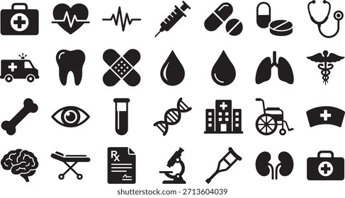 Comprehensive Black Solid Glyph Icon Set Representing Essential Healthcare, First Aid, and Hospital Treatment for Medical Web and App Design.