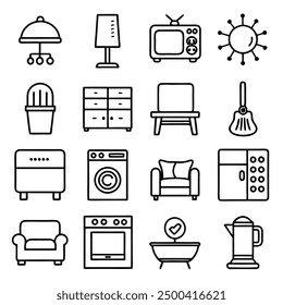 Comprehensive Black and White Line Art Collection Featuring Diverse Household Essentials Including Smart Home Devices, Modern Kitchen Appliances, Vintage Furniture, and Stylish Home Decor Items