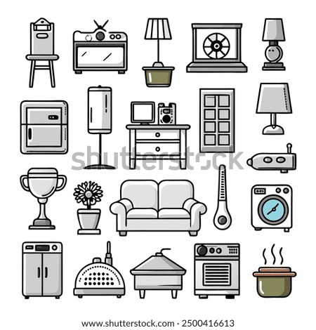 Comprehensive Black and White Line Art of Essential Household Items: Featuring Modern Kitchen Appliances, Vintage Electronics, Comfortable Furniture, and Elegant Home Decor for Every Room