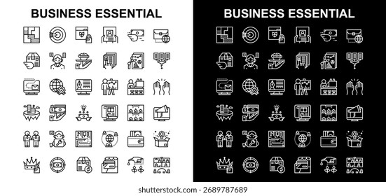 Comprehensive black and white line icon collection covering core business needs, including finance, strategy, global commerce, digital marketing, human resources, and management processes