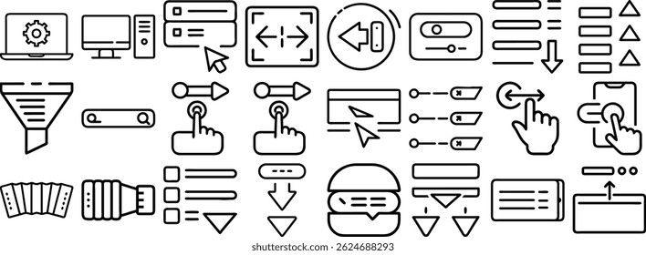A comprehensive black and white set icon collection featuring diverse website interface and user experience design elements in outlined form.