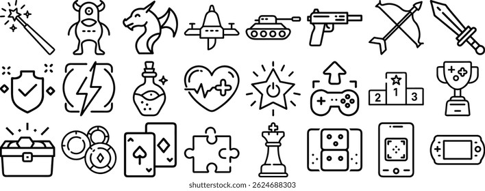 Una completa colección de iconos en blanco y negro con varios Elementos de juego y símbolos perfectos para diseños App y gráficos relacionados con el juego.