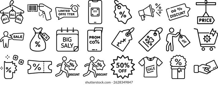 Uma abrangente coleção de ícones de conjunto preto e branco ilustrando diversos conceitos relacionados a promoções de descontos e vendas no varejo.