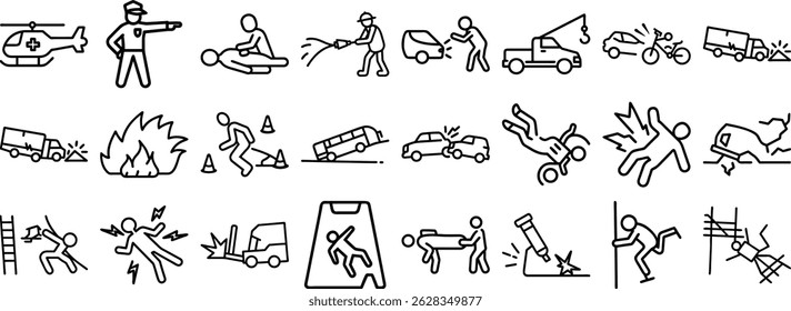 Comprehensive black and white vector illustration set depicting accidents incidents emergencies and first aid measures.