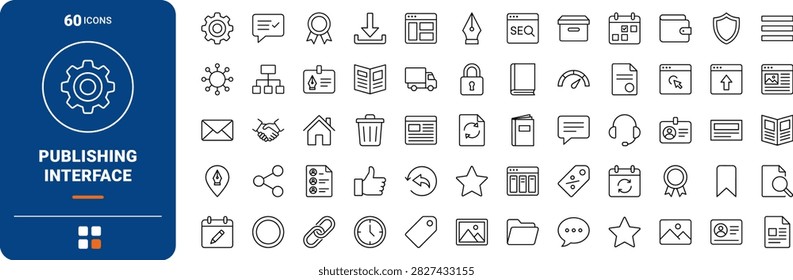 A comprehensive blog editor line icon set featuring clean publishing, content workflow, and editorial management symbols in thin linear illustration.