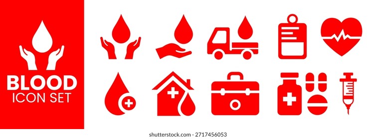 Conjunto completo de iconos de donación de sangre. Con Gráficos de Gota de Sangre Roja, Furgoneta de Donación, Kit Médico, Jeringa, Monitor de Latidos Cardíacos, Bolsa de Sangre y Símbolos de Hospital para el Diseño de Salud y Caridad.