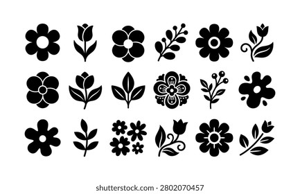 Comprehensive botanical collection of basic floral shapes and foliage symbols for universal design use. Minimal black and white illustrations ideal for wayfinding and infographic layouts. Clean organic elements suitable for branding and eco friendly business concepts in modern flat style.