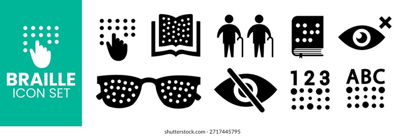 Umfassender Blindenschrift-Symbolsatz für Sehbehinderungen. Mit Fingerspitzenlesung, taktilen Büchern, Blindheitssymbolen, Eingabebrillen, Braille-Alphabet und Nummerncodes und Behindertenbeschilderung.