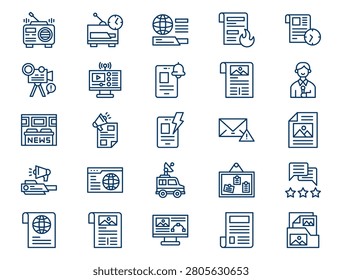 A comprehensive breaking news outline collection is displayed on a clean white background. The collection features twenty-five distinct elements with consistent dark blue lines and no color fills. Concept of modern digital press broadcast, urgent global communication info, and daily newspaper report distribution