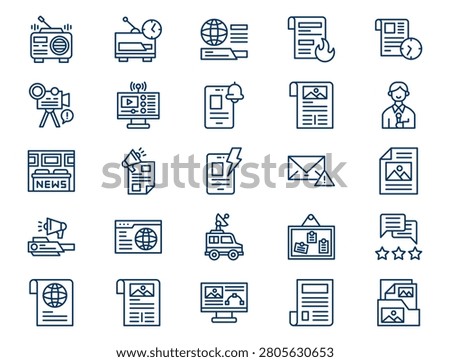 A comprehensive breaking news outline collection is displayed on a clean white background. The collection features twenty-five distinct elements with consistent dark blue lines and no color fills. Concept of modern digital press broadcast, urgent global communication info, and daily newspaper report distribution
