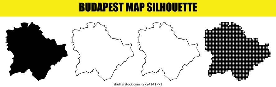 Comprehensive budapest map silhouette set features solid black version white interior thin outline and decorative dotted texture perfect for travel brochures and geographical projects