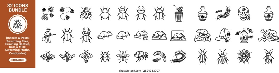 A comprehensive bundle of 32 vector line icons featuring various insects, pests, and creepy-crawlies such as swarming flies, crawling beetles, rats and mice, swarming moths, centipedes, maggots, pest control operator, skull with bugs, trap, cheese, bones, witch hat with bugs, lantern, spider web, fleas, and caterpillars. Designed for professional use in pest control services, Halloween promotions, hygiene awareness campaigns, horror game designs, and educational materials. Fully customizable, scalable, and structured for seamless integration into any vector workflow.A comprehensive bundle of 32 vector line icons featuring various insects, pests, and creepy-crawlies such as swarming flies, crawling beetles, rats and mice, swarming moths, centipedes, maggots, pest control operator, skull with bugs, trap, cheese, bones, witch hat with bugs, lantern, spider web, fleas, and caterpillars. Designed for professional use in pest control services, Halloween promotions, hygiene awareness campaigns, horror game designs, and educational materials. Fully customizable, scalable, and structured for seamless integration into any vector workflow.