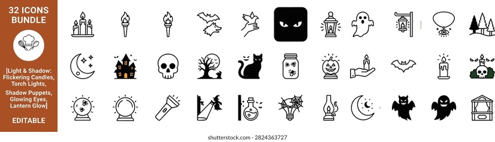 A comprehensive bundle of 32 vector line and silhouette icons focusing on light and shadow, featuring flickering candles, torch lights, shadow puppets, glowing eyes, lantern glow, crescent moon, haunted house, skull, spooky tree, black cat, fireflies in a jar, jack-o-lantern, crystal ball, flashlight, magic potion, spider web light bulb, oil lamp, flying bats, ghost, and puppet theater. Designed for professional use in Halloween campaigns, mystery branding, fantasy games, occult websites, and storytelling illustrations. Fully customizable, scalable, and structured for seamless integration into any creative vector workflow.A comprehensive bundle of 32 vector line and silhouette icons focusing on light and shadow, featuring flickering candles, torch lights, shadow puppets, glowing eyes, lantern glow, crescent moon, haunted house, skull, spooky tree, black cat, fireflies in a jar, jack-o-lantern, crystal ball, flashlight, magic potion, spider web light bulb, oil lamp, flying bats, ghost, and puppet theater. Designed for professional use in Halloween campaigns, mystery branding, fantasy games, occult websites, and storytelling illustrations. Fully customizable, scalable, and structured for seamless integration into any creative vector workflow.