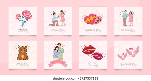 Un Paquete completo de 8 tarjetas de felicitación románticas para la celebración de la semana de San Valentín. Con Ilustraciones vectoriales planas para publicaciones en redes sociales, historias y campañas de marketing estacionales.