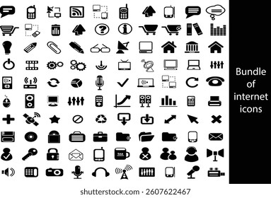 Comprehensive Bundle of Black and White Internet Icons, This image showcases a large collection of black and white internet icons, perfect for web design, software applications, or presentations.