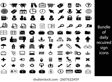 Comprehensive Bundle of Essential Daily Use Icons, A large collection of black and white, graphic icons representing everyday computer functions.