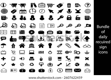 Comprehensive Bundle of Essential Daily Use Icons, A large collection of black and white, graphic icons representing everyday computer functions.