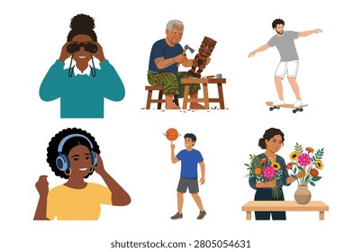 A comprehensive bundle of multiracial people enjoying various creative and active hobbies vector set, including birdwatching, woodcarving, skateboarding, music, basketball, and floral arrangement.