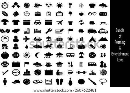 Comprehensive Bundle of Roaming and Entertainment Icons, A large collection of black and white vector icons depicting various activities, transportation, leisure, and entertainment.