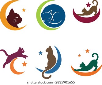 A comprehensive bundle of six flat vector logos featuring stylized cats and crescent moon celestial elements in a vibrant color palette. The clean collection showcases diverse feline silhouettes and poses, including a sleeping cat head profile, a curled-up kitten sleeping in a circle, a brown cat yoga stretching pose, a purple cat leaping gracefully,