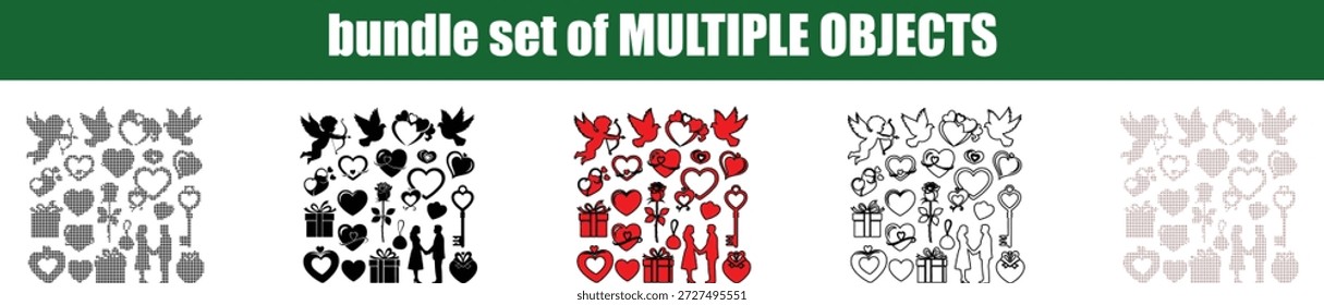A comprehensive bundle of Valentines Day and lovethemed icons in various styles grayscale black red and outlines The collection features diverse heart designs a cupid flying doves gift boxes a rose a vintage key and a romantic couple holding hands all isolated on a transparent background