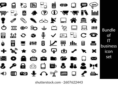 Comprehensive IT Business Icon Set for Design, This black and white image contains a large collection of IT-related icons.