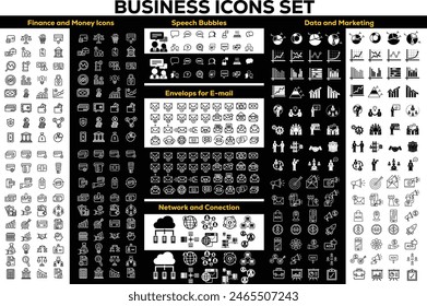 Comprehensive business icon set featuring finance, communication, data analytics, workflow, teamwork, technology, and marketing symbols. Perfect for presentations.