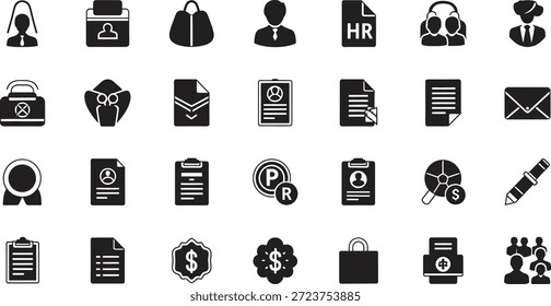 Comprehensive business and office flat icon collection featuring communication management and human resources symbols
