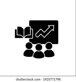 Icono de glifo integral de programas de formación empresarial. Crecimiento de la productividad, actualización de la habilidad de la fuerza laboral, motivación. Concepto de proceso correcto.Firma plana rellenada. Ilustración vectorial de silueta aislada