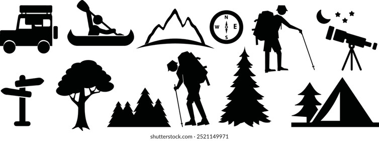 Comprehensive camping icon vector bundle, perfect for outdoor adventure designs, travel apps, and nature-themed branding