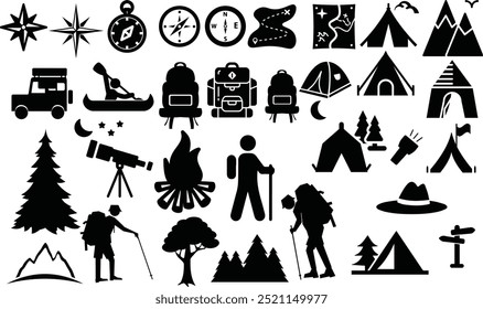 Abrangente acampamento ícone vetor pacote, perfeito para projetos de aventura ao ar livre, aplicativos de viagem e marca com tema de natureza