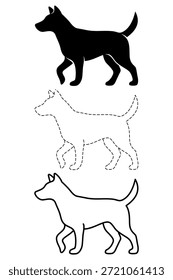 Conjunto gráfico canino completo que incluye un trazado lineal preciso, una línea punteada juguetona y un diseño de silueta fuerte, todo monocromo y aislado en un Vector versátil EPS