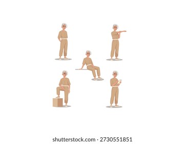 A comprehensive character sheet featuring a stylish, non-binary individual with short silver hair and glasses. The character is depicted in five diverse poses: standing confidently, stretching, sitting casually, resting a foot on a box, and taking notes on a clipboard.