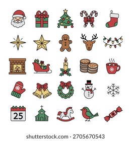 a comprehensive and charming collection of christmas flat line icons featuring essential holiday symbols.
