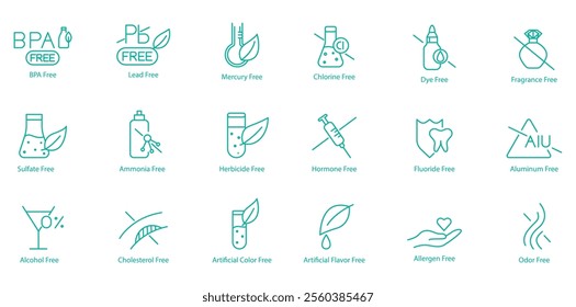 Comprehensive Chemical-Free Icon Set – BPA, Lead, Mercury, Chlorine, Dye, Fragrance, Sulphate, Ammonia, Herbicide, Hormone, Fluoride, Aluminum, Alcohol, Cholesterol, Artificial Colors 